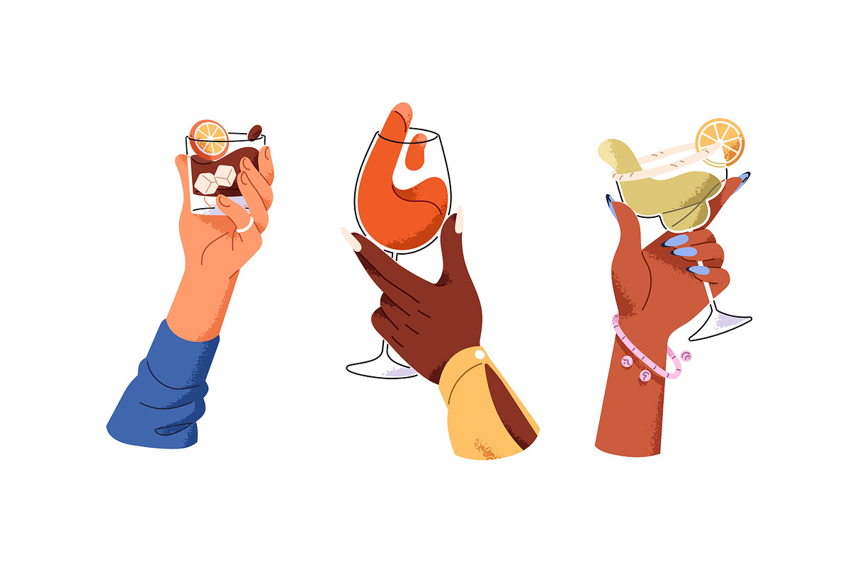 Hands holding alcohol drinks set, a Food Illustration by PaperTrident (Photo 2 of 11)