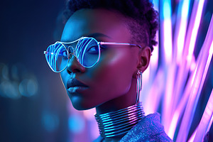 Young African woman in stylish sunglasses poses against vibrant neon backdrop, a Beauty & Fashion Photo by AlyaAnd
