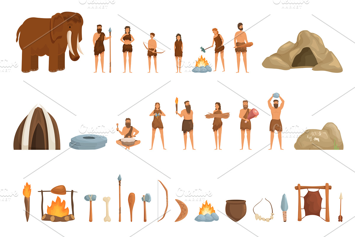 Ancient era family icons set cartoon, a Person Illustration by Ylivdesign