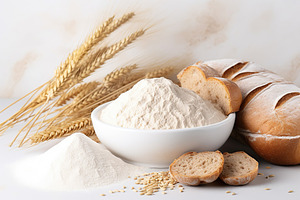 Flour in wooden bowl with wheat ears and fresh bread, a Food & Drink Photo by AlyaAnd