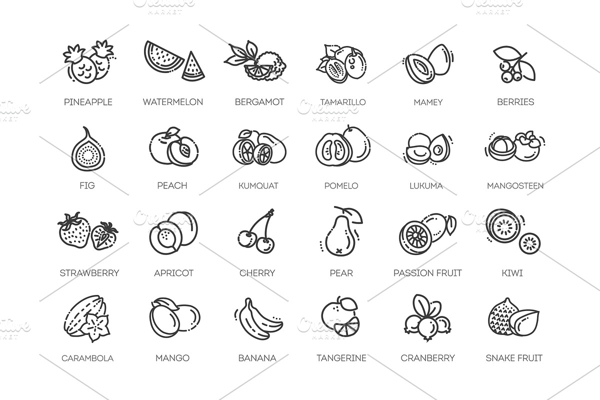 Fruit Healthy eating icons set, an Outline Icon by Tettygreen (Photo 2 of 2)