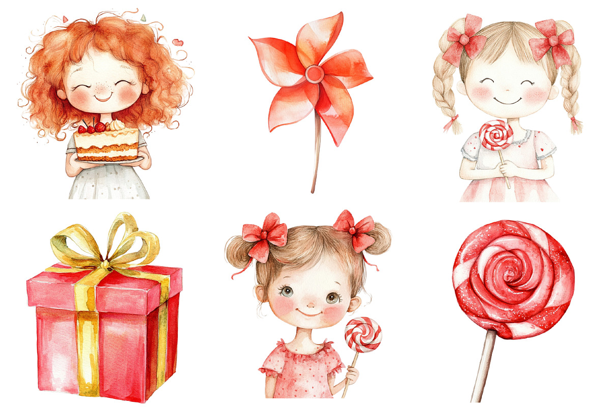Red Kids Birthday Watercolor Clipart, an Illustration by SinaCreation (Photo 2 of 5)