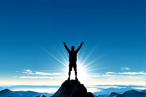 Triumphant person on mountain peak with arms raised at sunrise, an Illustration by AS photostudio