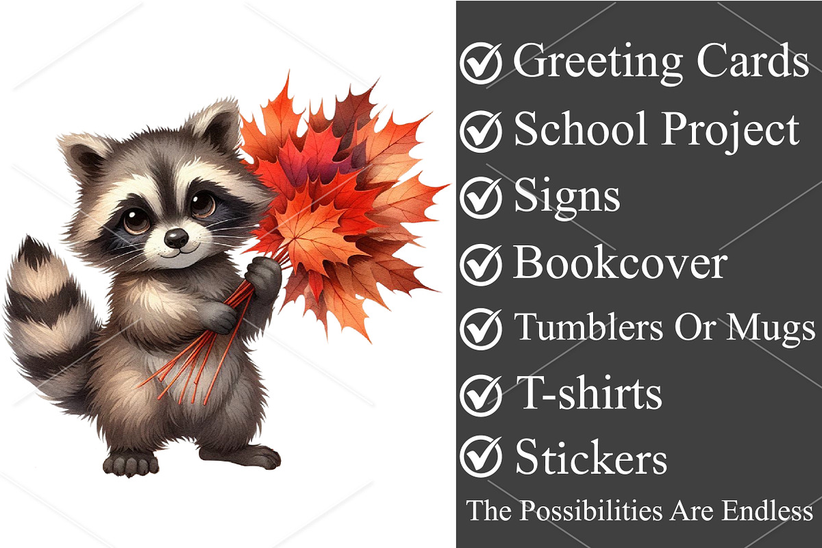 Watercolor Autumn Raccoons Clipart, an Illustration by Canvas Craft (Photo 3 of 7)