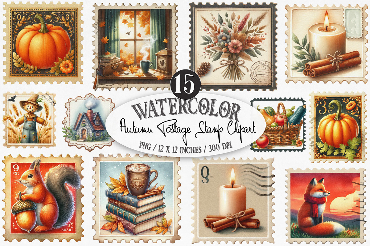 Watercolor Autumn Postage Stamp PNG, an Illustration by Designking (Photo 1 of 4)