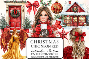 Chic Neon Red Christmas Clipart, an Illustration by Libby Wishes