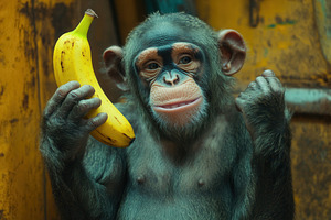 A monkey grips a banana like a phone, a Photo by Pavel_design