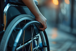 Male hand on wheelchair on blurred background, a Photo by AlyaAnd
