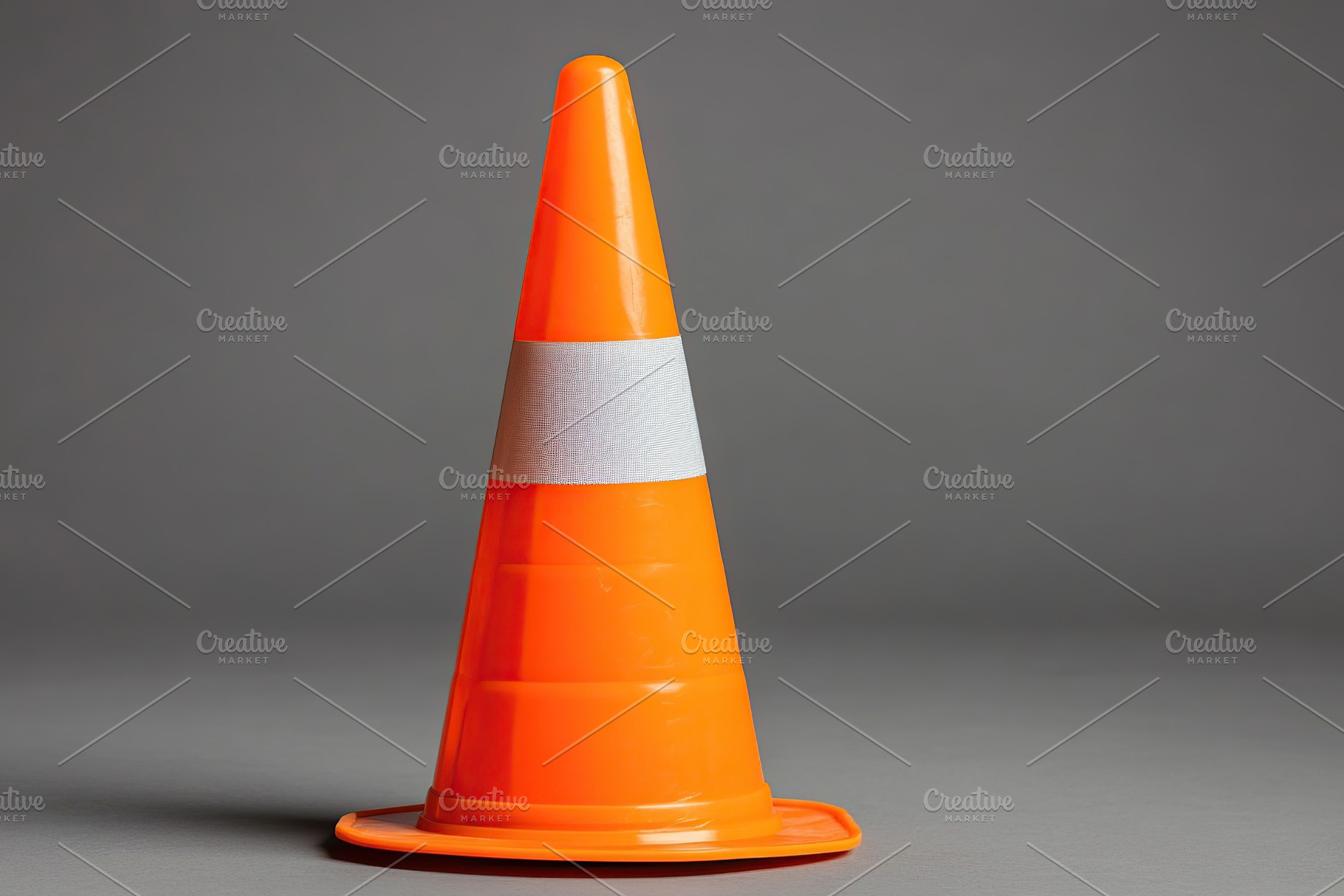 Bright orange road construction cone placed against a neutral background for vi, an Industrial Photo by AlyaAnd