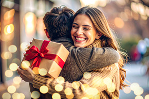 Young couple hugging with gift outdoors, a Holiday Photo by Davizro's Market