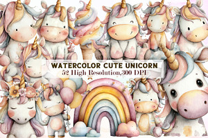 Watercolor Cute Unicorn Clipart, an Illustration by Sublimation Artist