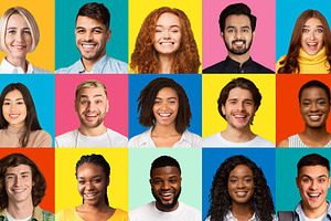 Set Of People Headshots Over Bright Colorful Backgrounds, Collage, Panorama, a Background Photo by Prostock-Studio