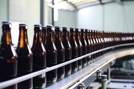 Brown glass beer bottles on conveyor production line. Brewery industry food fac