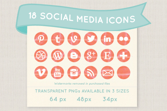 Coral Watercolor Social Media Icons