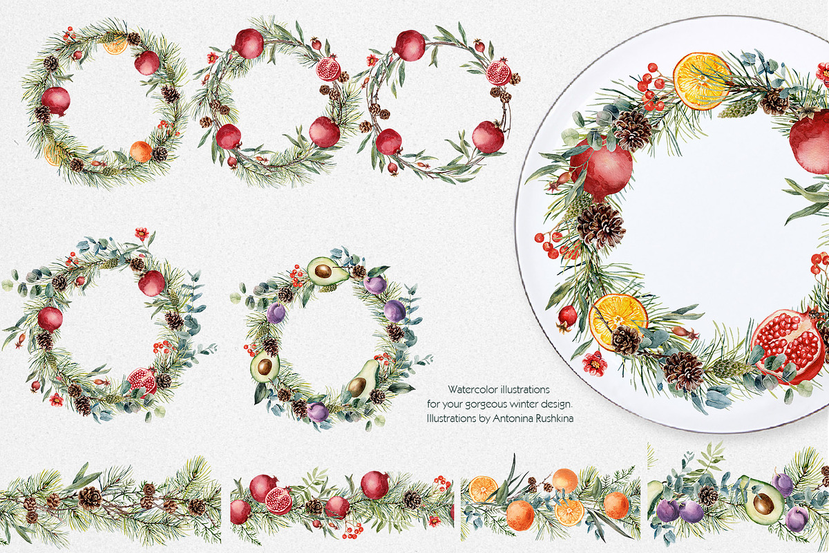 Watercolor winter clipart with fruit, a Decorative Illustration by RushkinaAntonina (Photo 7 of 9)