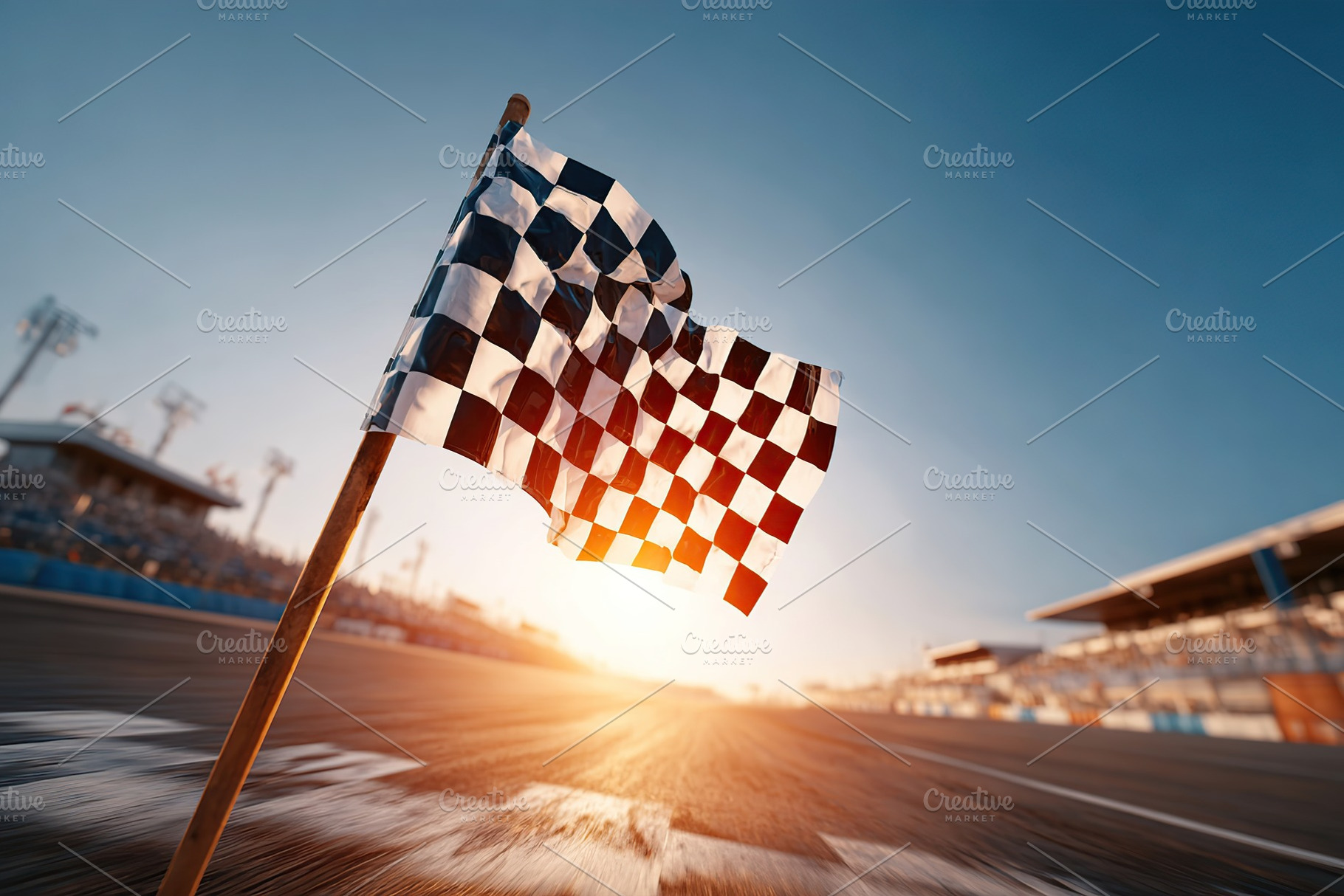 Checkered race flag waving at sunset on a racetrack signaling the end of an exc, a Sports & Recreation Photo by AlyaAnd
