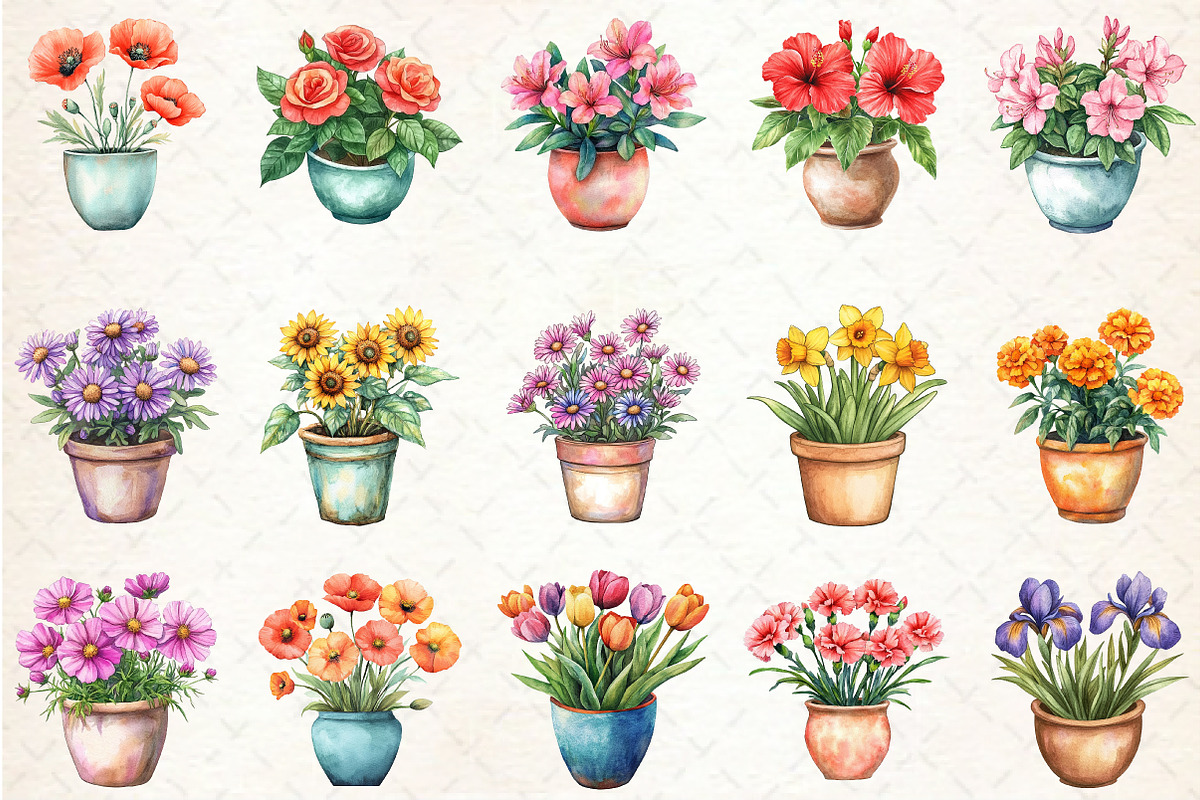 Watercolor Flower Pot Plants Clipart, an Illustration by Rose Art (Photo 3 of 4)