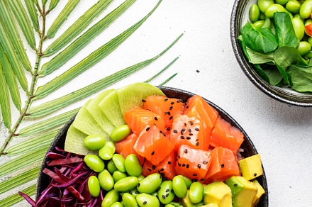 Poke bowl with salted salmon, avocado, radish, edamame beans, ca, a Food & Drink Photo by 5PH