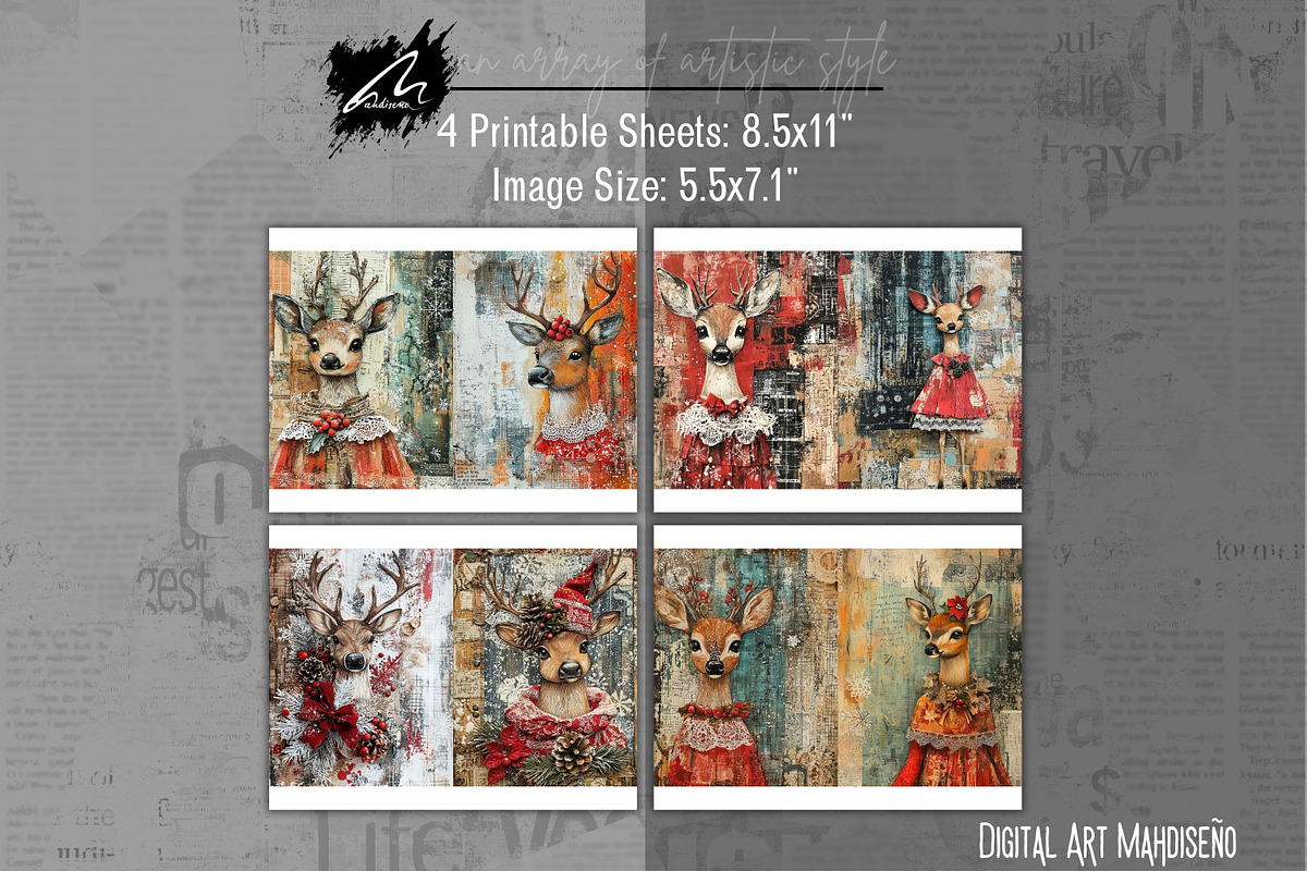 Cute Xmas Deer, Shabby Journal Pages, a Seasonal Illustration by Digital Art Mahdiseño (Photo 6 of 10)