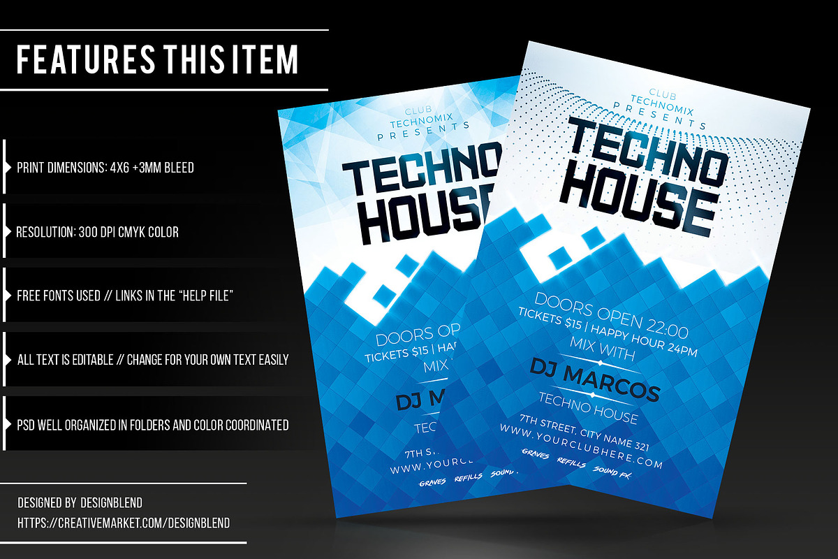 Techno House Flyer Template, a Flyer Template by designblends@gmail.com (Photo 2 of 3)