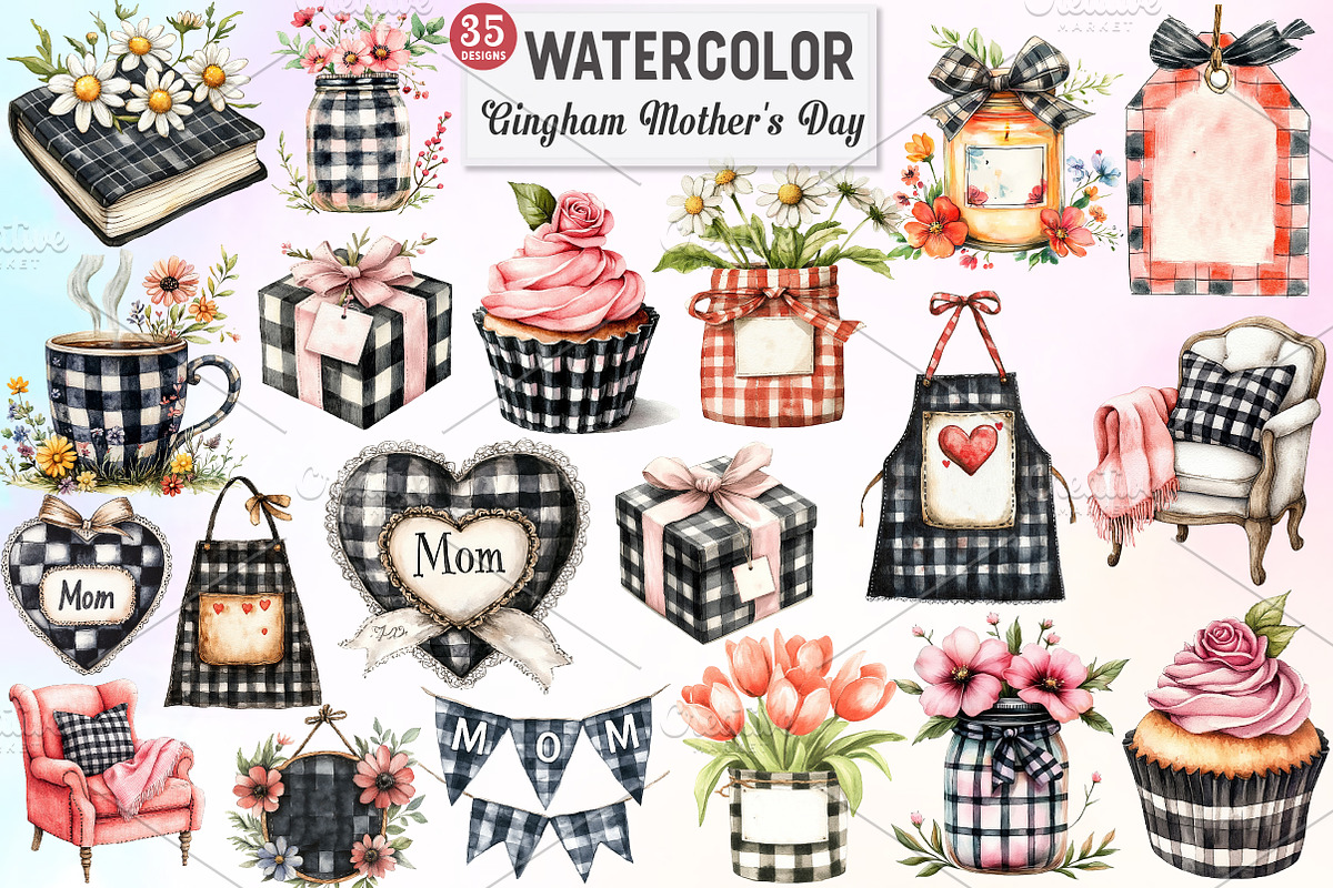 Black Gingham Mother's Day Clipart, an Illustration by Watercolor design (Photo 1 of 5)