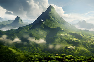 Magical fantasy mountain landscape, large treest and dark colors, a Nature Photo by Mashimara