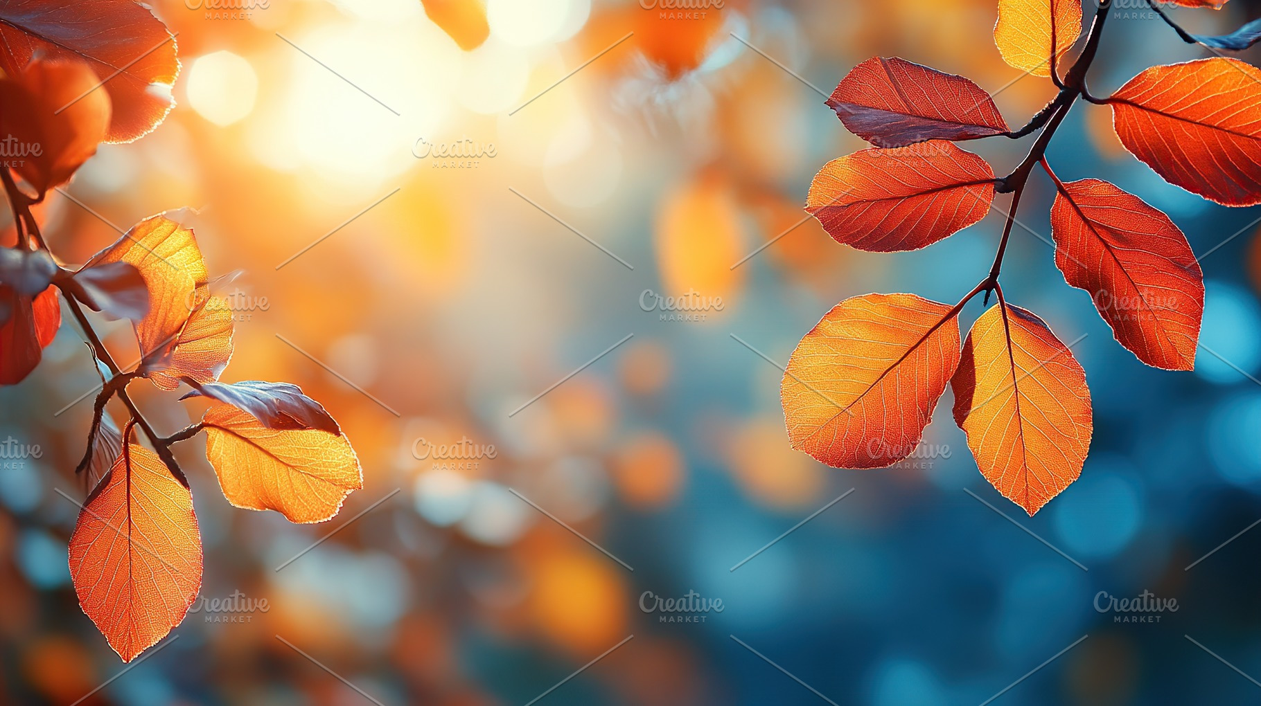 Orange leaves on tree branch in autumn city park with sunrays, a Nature Photo by AlyaAnd