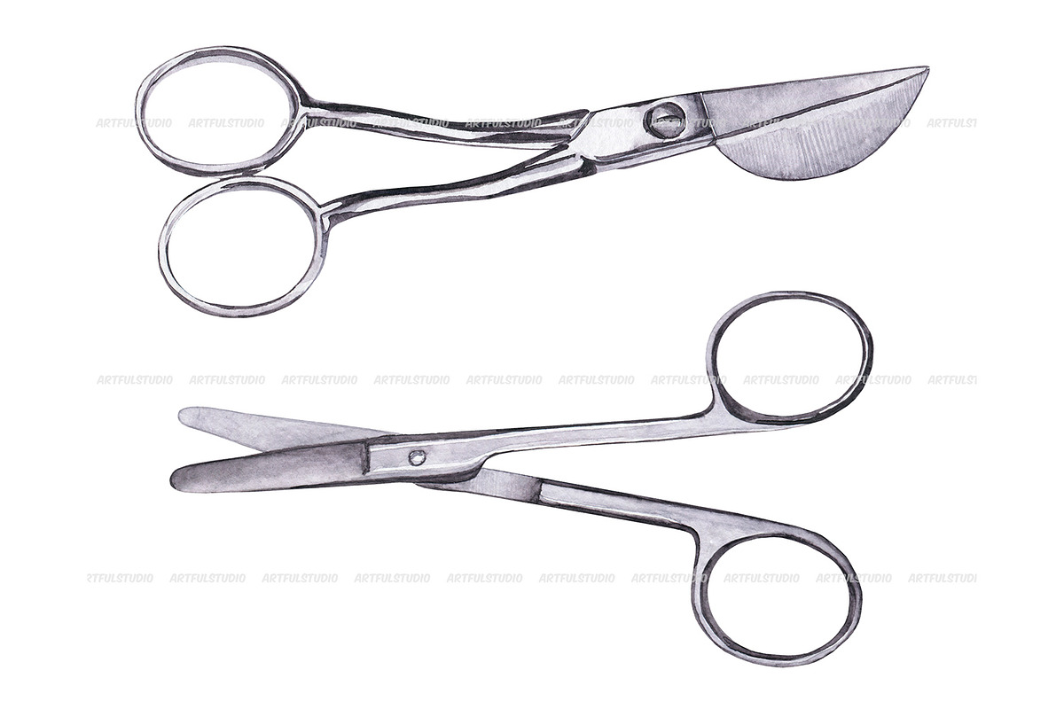 Watercolor vintage scissors clipart, an Object Illustration by ArtfulStudio (Photo 3 of 8)