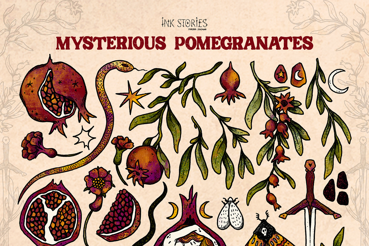 Mysterious Pomegranates Vintage Set, a Decorative Illustration by Ink Stories (Photo 2 of 13)