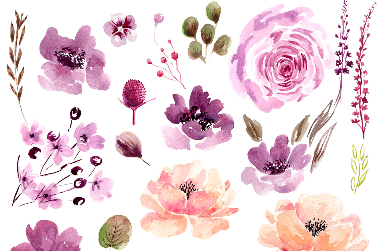 Violet Watercolor Clipart elements, an Illustration by Anis Illustration (Photo 2 of 3)