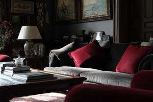 Dark traditional living room interior with cozy couch, decorative pillows, eleg, an Architecture Photo by Studio ANNA