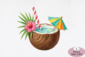 Fresh Coconut Drink, Summer Tropical, an Illustration by Daily.Designs