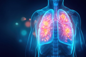 Digital illustration of human lungs with infection highlights, a Health & Medical Photo by AlyaAnd