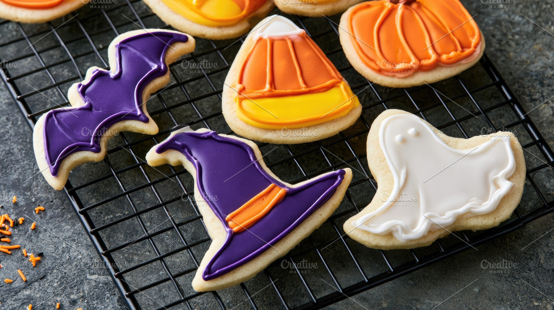 Halloween cookies with witch hat, ghost, bat and candy corn, a Food & Drink Photo by José Manuel Gelpi