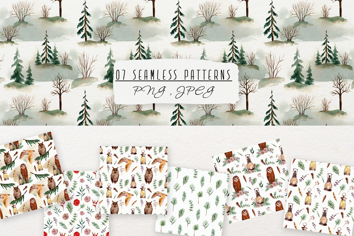 Owls and lanterns.Watercolor clipart, a Decorative Illustration by a_ptichkina (Photo 4 of 7)