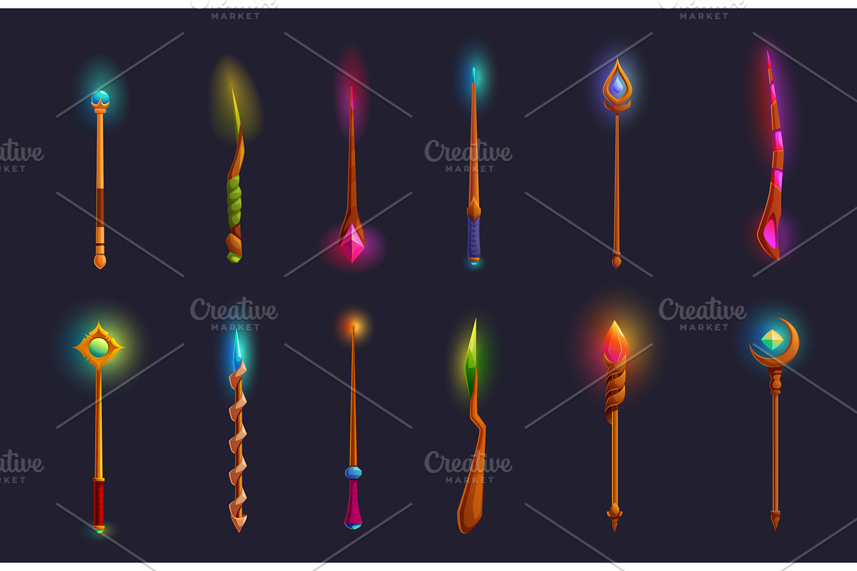 Magic wands. Wooden wand with gems, an Illustration by Valerie Bodnar