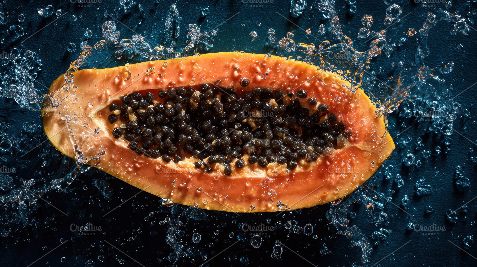 Fresh papaya splashes in water, a Photo by Pavel_design