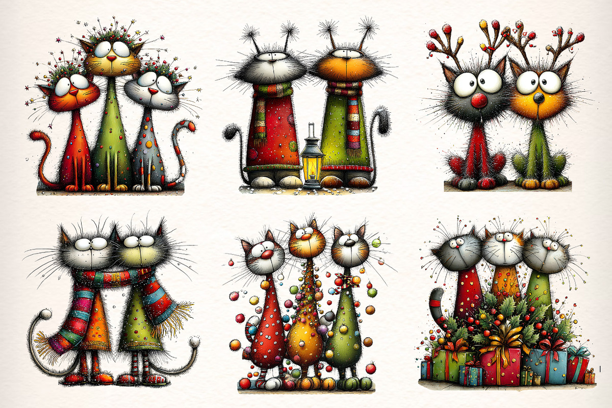 Whimsical Christmas Cats Clipart PNG, an Illustration by Dream Creation (Photo 3 of 8)