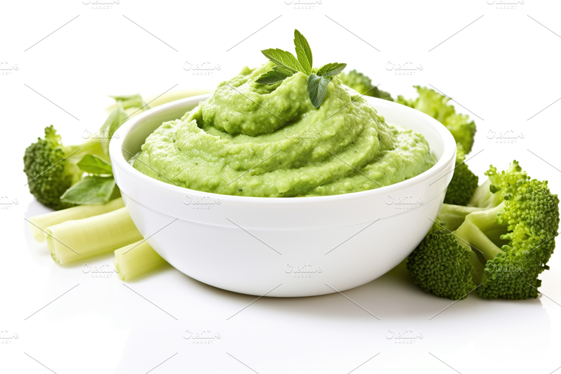 Bowl with green vegetable puree isolated on white background, a Food & Drink Photo by AlyaAnd