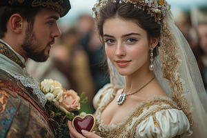 Romantic couple in historical attire, a Photo by Tanuart