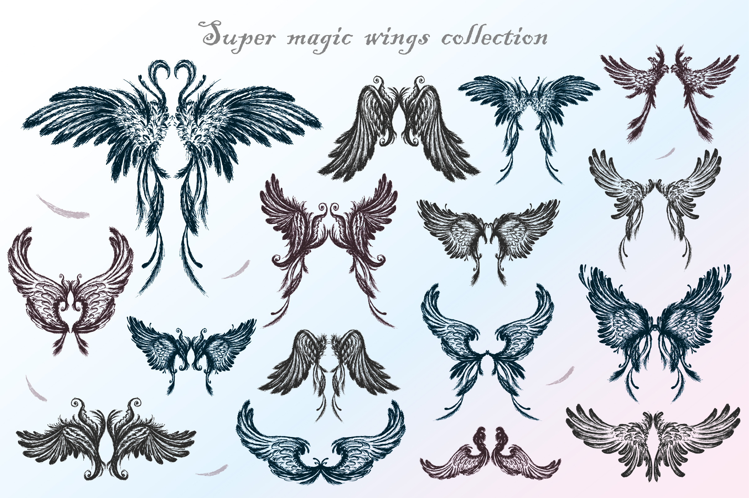 Big set of angel wings,hand drawn, an Illustration by naum_studio