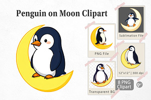 Penguin on Moon Clipart, a Graphic by Artnoy