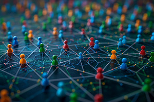 Colorful miniature figures connected by lines symbolize social n, a Business Photo by ImageMir