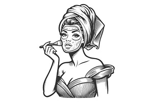 Woman Applying Face Mask engraving, an Object Illustration by AlexArt
