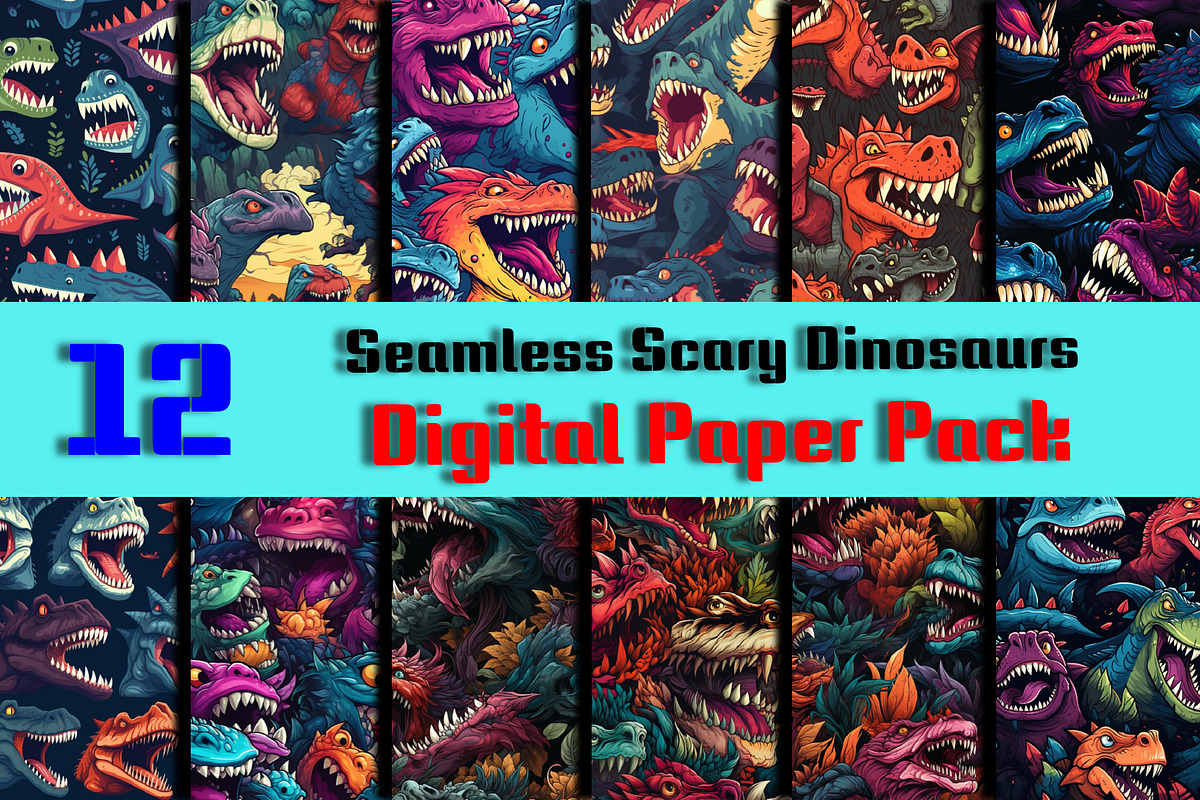 12 Seamless scary dinosaurs digital, a Pattern Graphic by ZaaxPrintables (Photo 1 of 7)