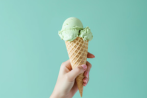 Pistachio ice cream in waffle cone in female hand, a Food & Drink Photo by AlyaAnd