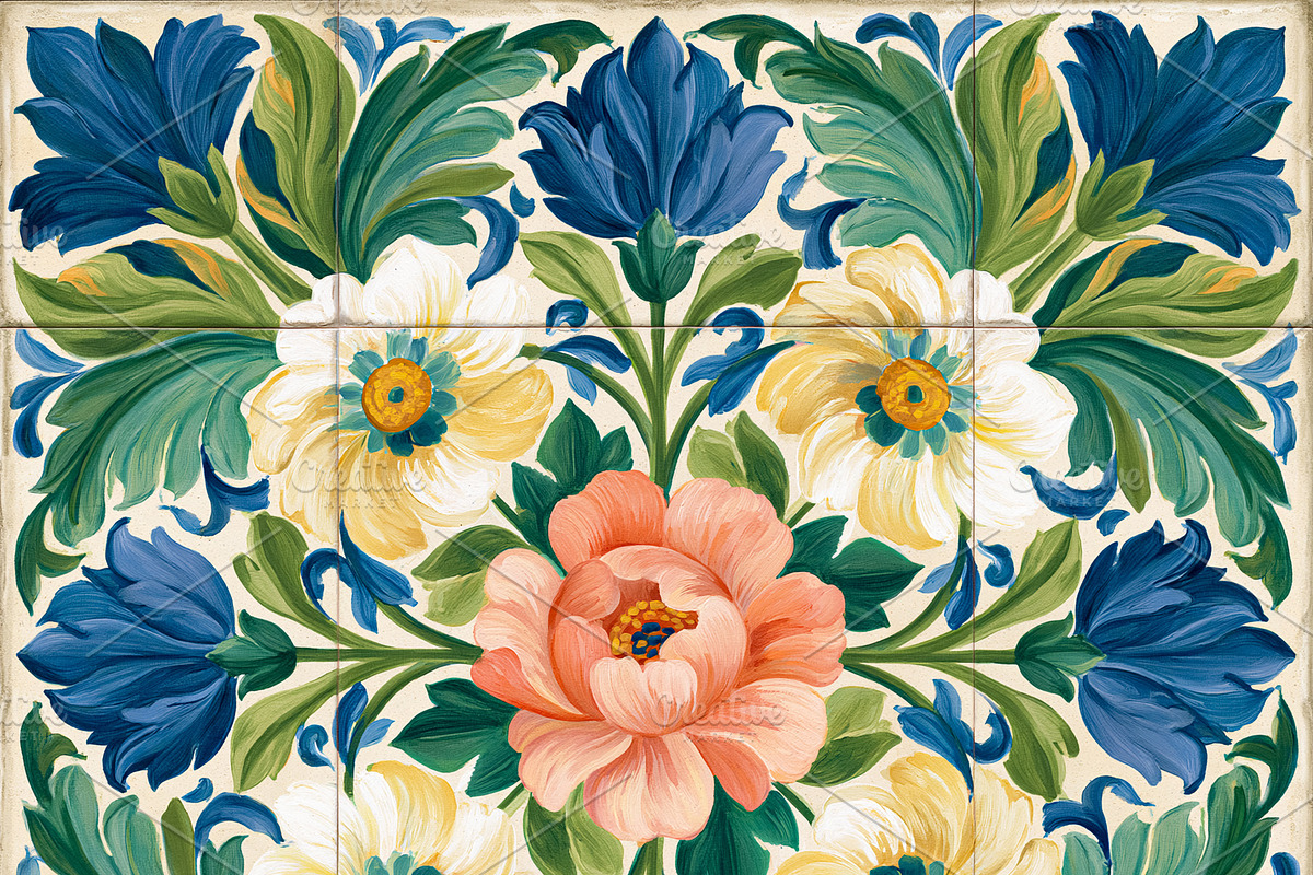 Floral pattern with a central peach peony surrounded by blue and, an Illustration by Studio ANNA