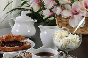 Breakfast tea with croissant,, a Food & Drink Photo by Apolonia