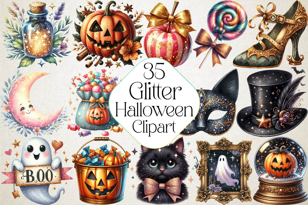 Vintage Glitter Halloween Clipart, an Illustration by DreamPrint404 (Photo 1 of 5)