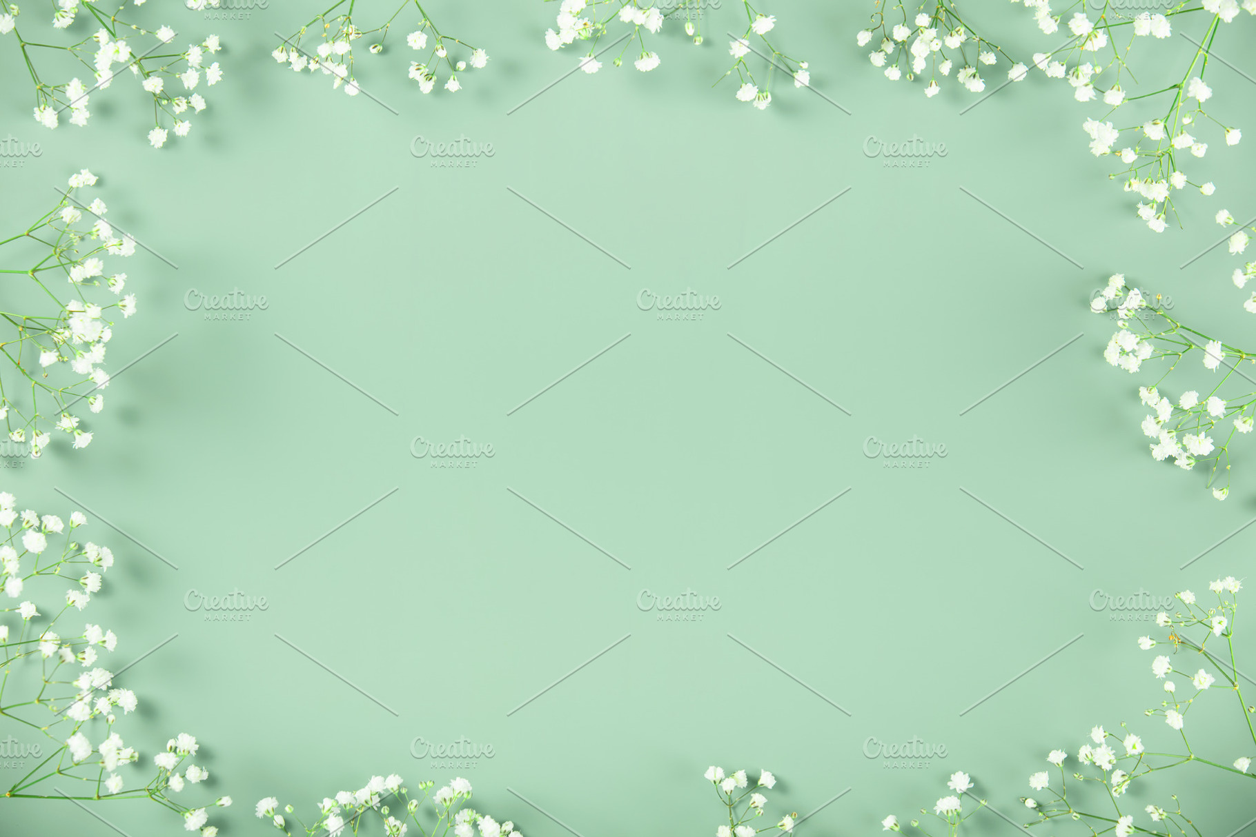 Floral Frame with Babys Breath on Mint Green Background, a Holiday Photo by Natalia Klenova's Shop